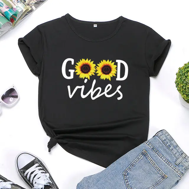 Letter Sunflower Print Ladies Short Sleeve O Neck Loose T Shirt Summer Ladies Black - Shop at LoveMi