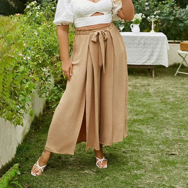 High waisted Commuter Buckle Cotton Brown Loose fitting Pants Camel - Shop at LoveMi