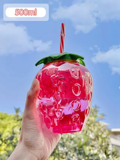 500ml Kawaii Strawberry Water Bottle Cute Strawberry Straw Water Bottle PP Milk Coffee Straw Cup Juice Drinkware Kitchen - Shop at LoveMi