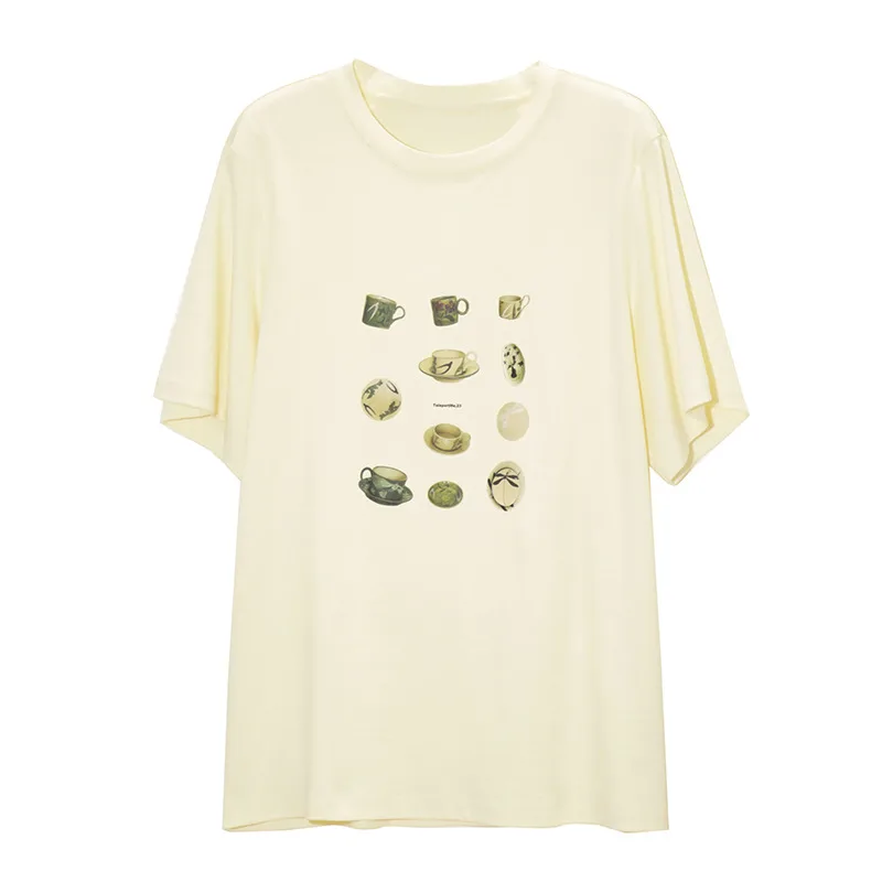 Casual Printed Cotton Short Sleeve T Shirt Women Apricot - Shop at LoveMi