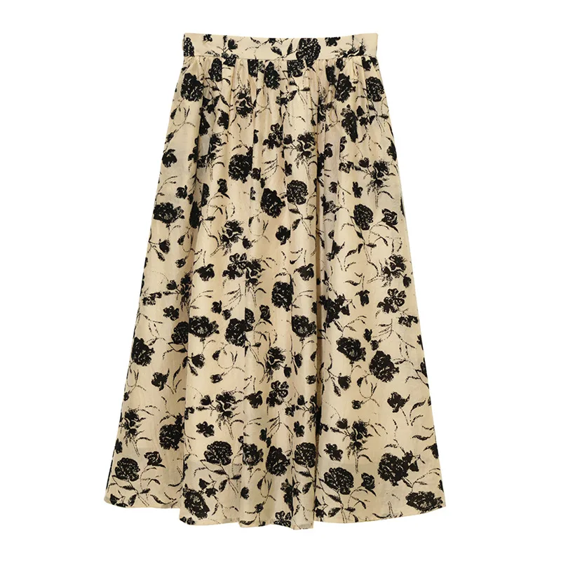 Retro High Waist Flocked Long A-Line Skirt - Orange - View 1