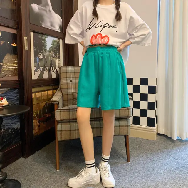 Temperament Commuter High Waist Cotton Shorts Wide Leg Pants Women's Green - Shop at LoveMi