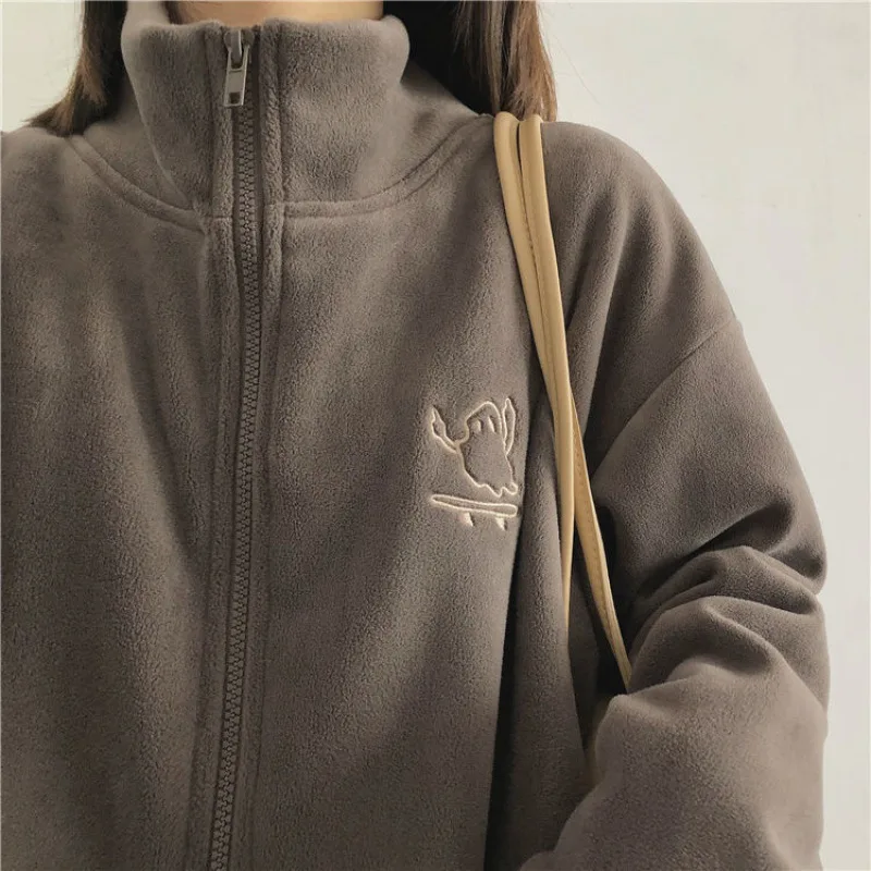 Women's Warm Embroidered Turtleneck Zipper Sweatshirt Cardigan Brown - Shop at LoveMi