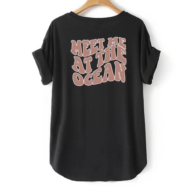 Letters MEET ME AT THE OCEAN Print Short Sleeve T Shirt Black - Shop at LoveMi