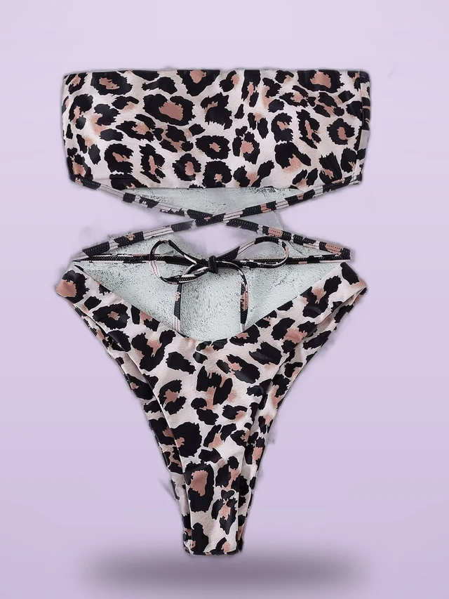 Leopard Print Bikini Bandeau Split Swimsuit Leopard - Shop at LoveMi