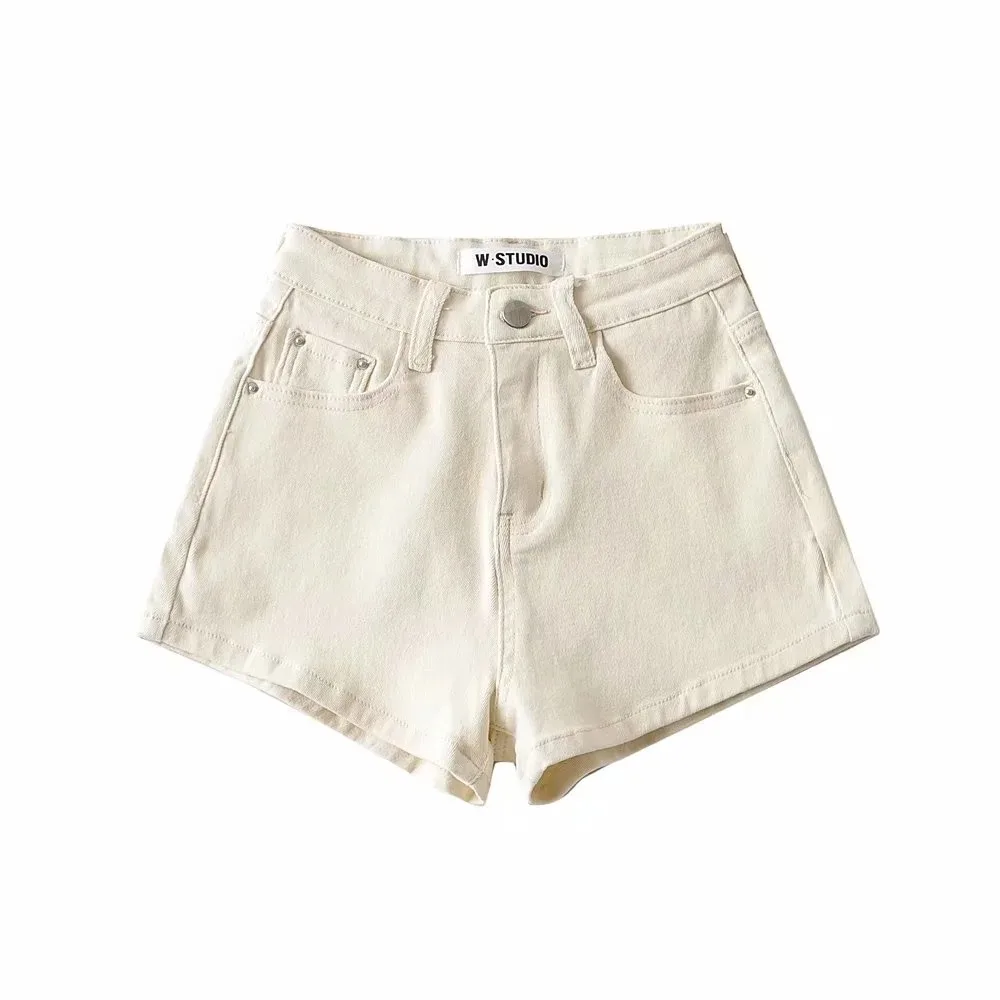 High Waist Leg Length Basic A Line Stretch Crimped Denim Shorts Khaki - Shop at LoveMi