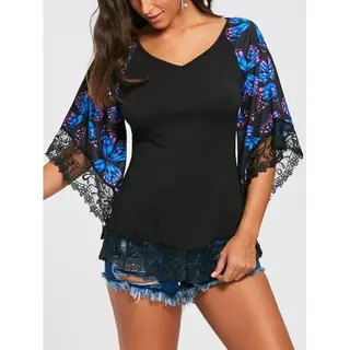 New Printed Short Sleeve Lace Panel V-Neck T-Shirt - Blue