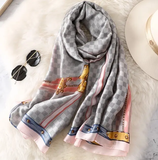 Simulated Silk Neck Protector Warm Houndstooth Fashion Scarf F263 Grey Powder - Shop at LoveMi