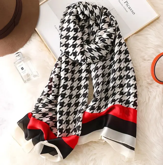 Simulated Silk Neck Protector Warm Houndstooth Fashion Scarf F265 Black - Shop at LoveMi