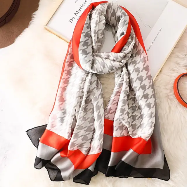 Simulated Silk Neck Protector Warm Houndstooth Fashion Scarf F265 Grey - Shop at LoveMi