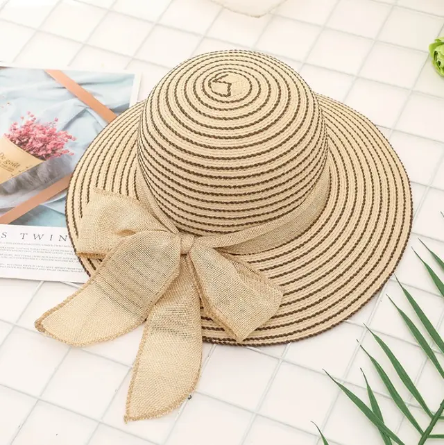 New Seaside Big Brimmed Ladies Straw Hat With Bow Gauze Bow Beige - Shop at LoveMi