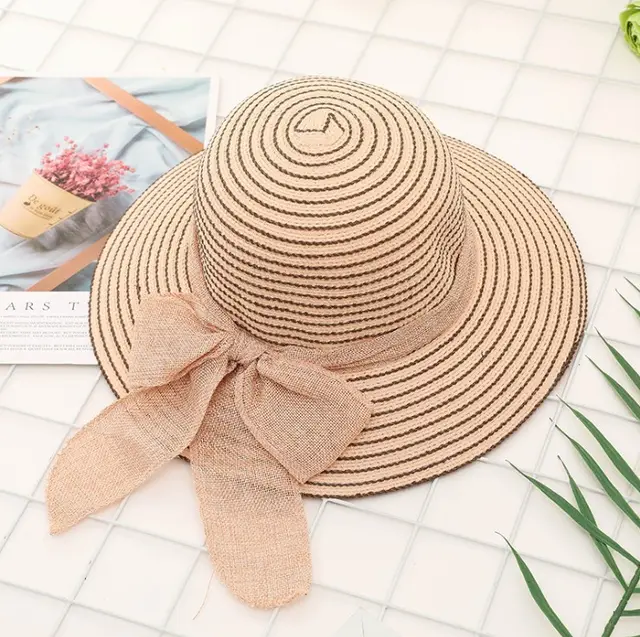 New Seaside Big Brimmed Ladies Straw Hat With Bow Gauze Bow Pink - Shop at LoveMi