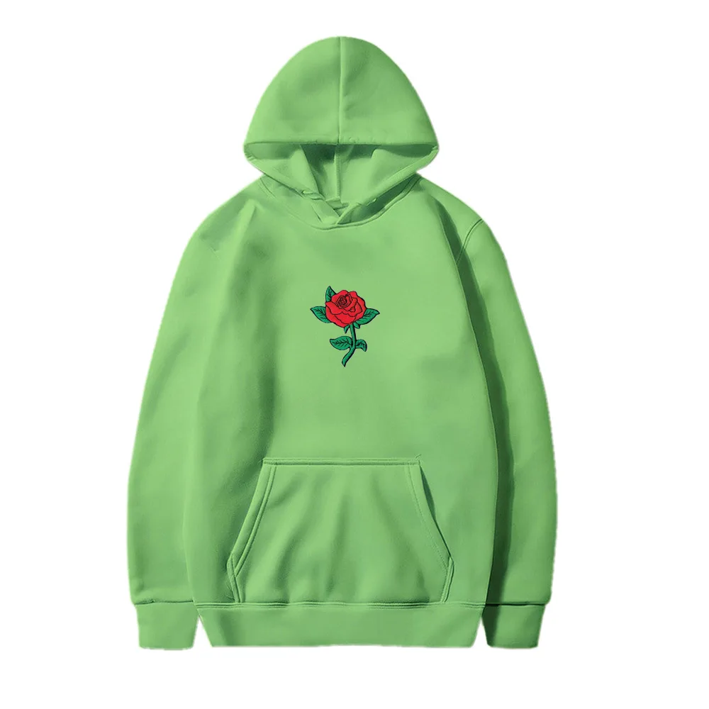 Rose Print Men's And Women's Fashion Hooded Sweatshirt - Cyan