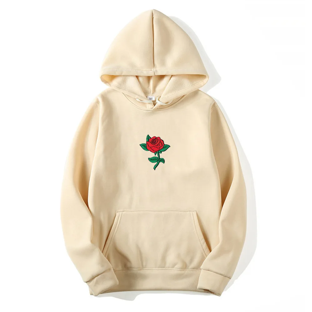 Rose Print Men's And Women's Fashion Hooded Sweatshirt - Khaki