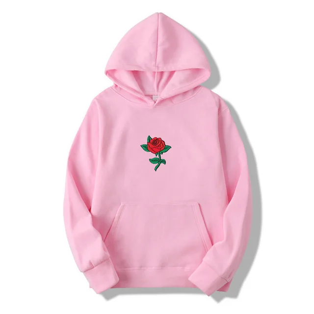 Rose Print Men's And Women's Fashion Hooded Sweatshirt Pink - Shop at LoveMi