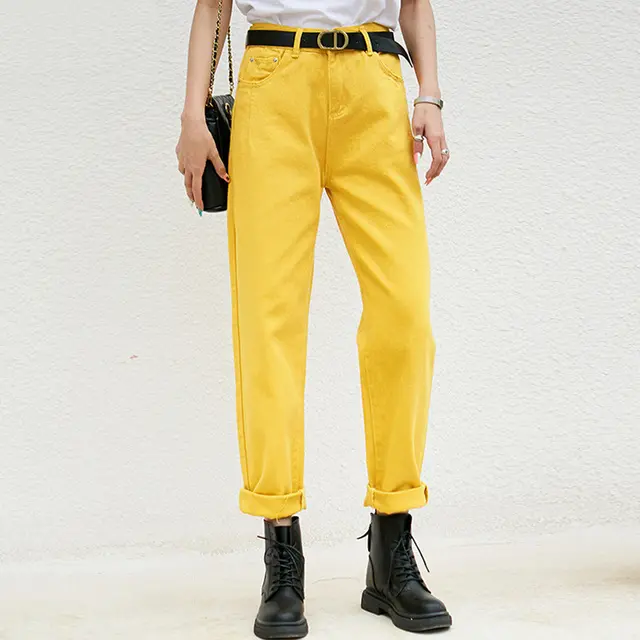 New Harlan Women's Casual Loose And Thin Elastic Pencil Trousers Yellow Without Belt - Shop at LoveMi
