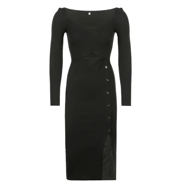 Slit Breasted Knit Long Dress Women's Fashion Black - Shop at LoveMi