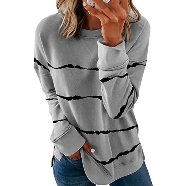 Women's Tie Dye Striped Crewneck Loose Long Sleeve Sweatshirt Grey - Shop at LoveMi
