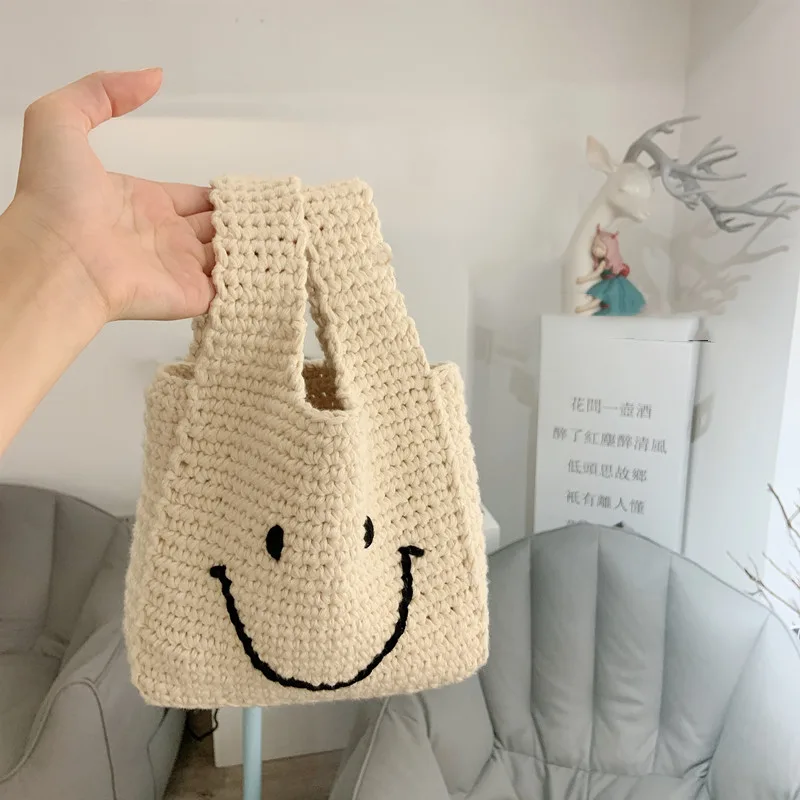Hand Crocheted Wool Tote Backpack Material Bag - Beige