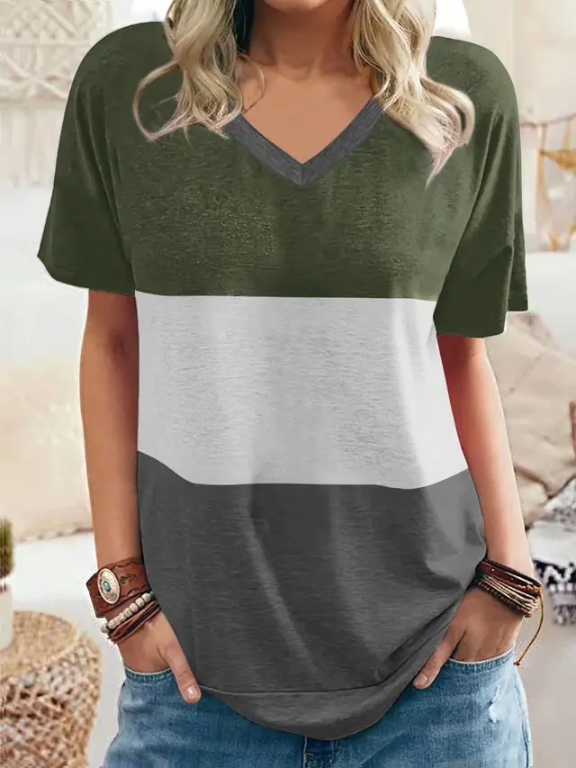 Women's Color Matching V neck Casual Loose Short Sleeves Green - Shop at LoveMi