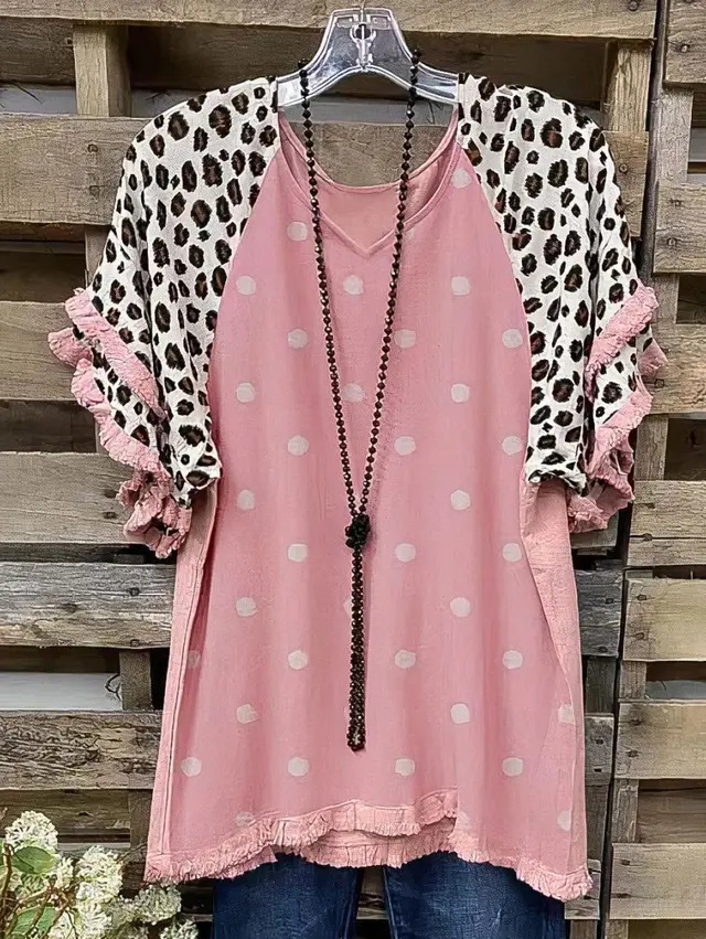 New Lace Ruffle Sleeves Crew Neck Print Colorblock Women's Loose T Shirt Pink Polka Dots - Shop at LoveMi