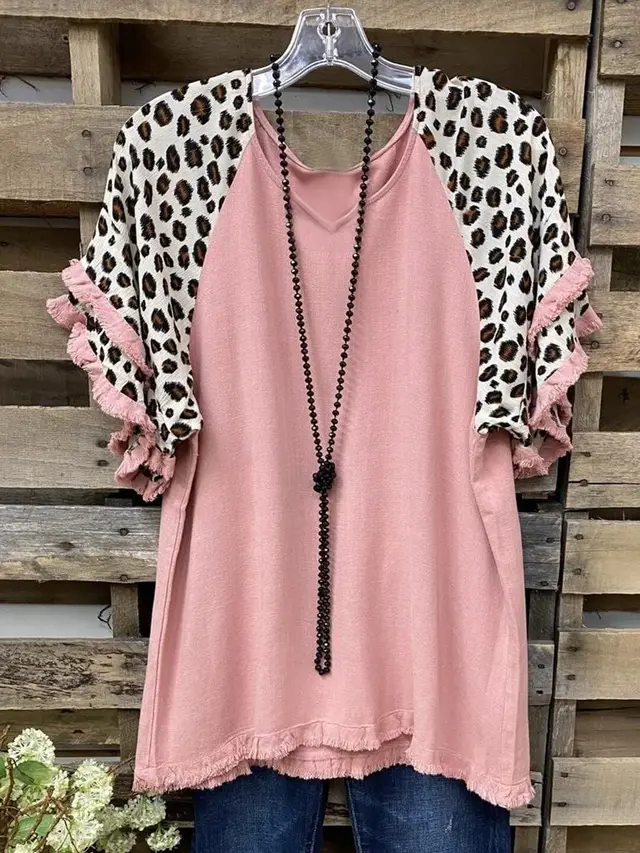 New Lace Ruffle Sleeves Crew Neck Print Colorblock Women's Loose T Shirt Pink - Shop at LoveMi
