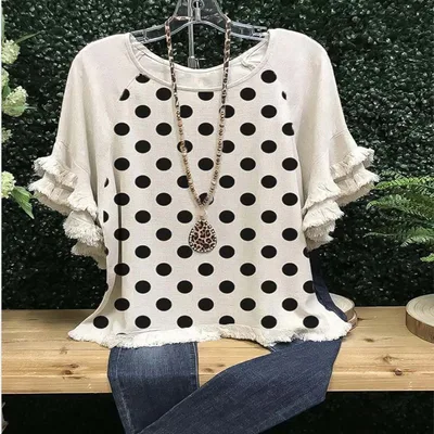 New Lace Ruffle Sleeves Crew Neck Print Colorblock Women's Loose T Shirt Polka Dots - Shop at LoveMi