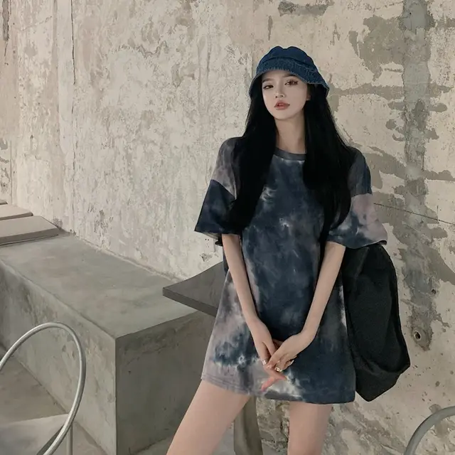 Open back Design Short sleeved T shirt Tie dye Loose Blue - Shop at LoveMi