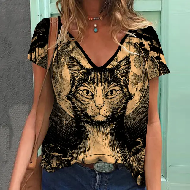 Women's Top Print V neck Short sleeved T shirt - Shop at LoveMi