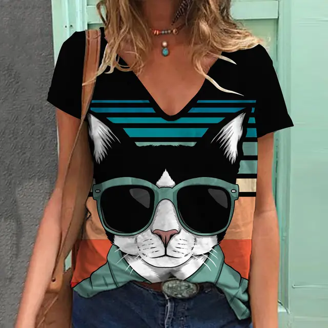 Women's Top Print V neck Short sleeved T shirt H - Shop at LoveMi