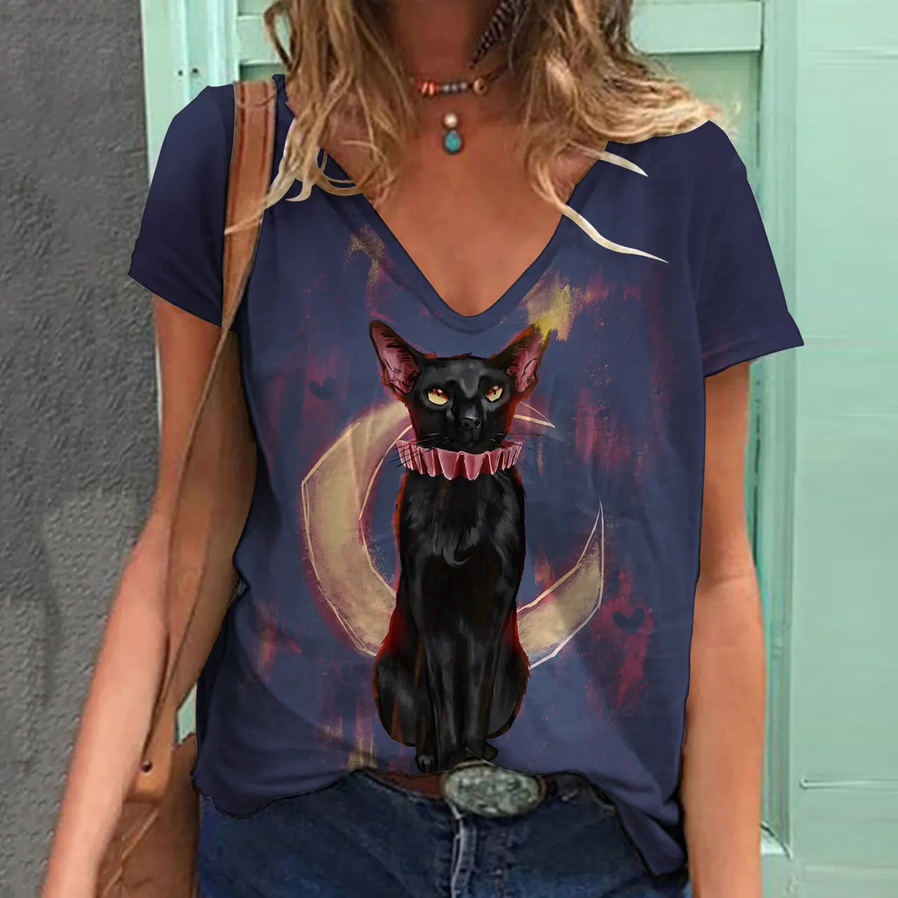 Women's Top Print V-neck Short-sleeved T-shirt - O