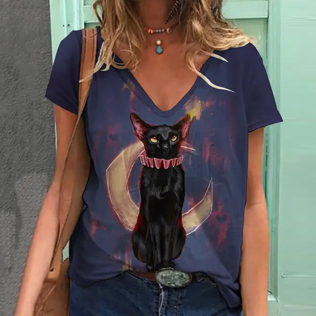 Women's Top Print V neck Short sleeved T shirt O - Shop at LoveMi