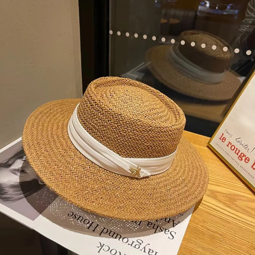 Summer Straw Hat Women Shade Beach Weave Flat Top Coffee - Shop at LoveMi