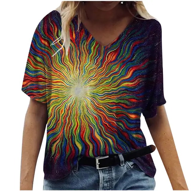 New Women's Printed V neck Loose Short sleeved T shirt Black - Shop at LoveMi