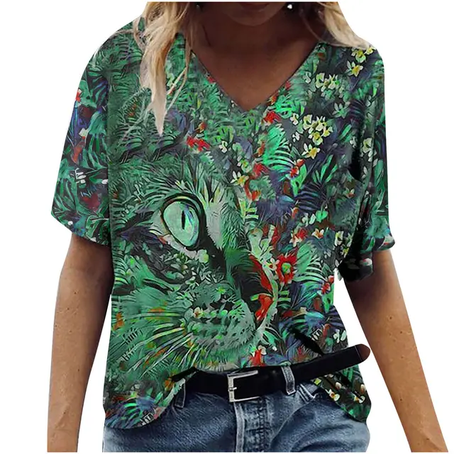 New Women's Printed V neck Loose Short sleeved T shirt Green Cat - Shop at LoveMi