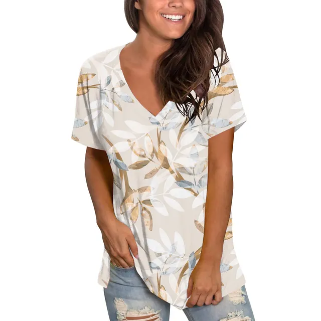 V Neck Printed Short Sleeve Top Loose Women's - Shop at LoveMi