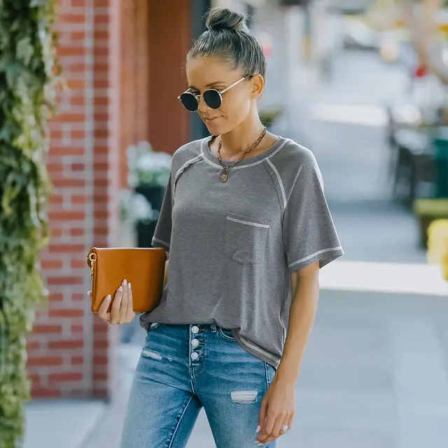 European And American Women's Round Neck Shortsleeved Knitted Tshirt Grey - Shop at LoveMi