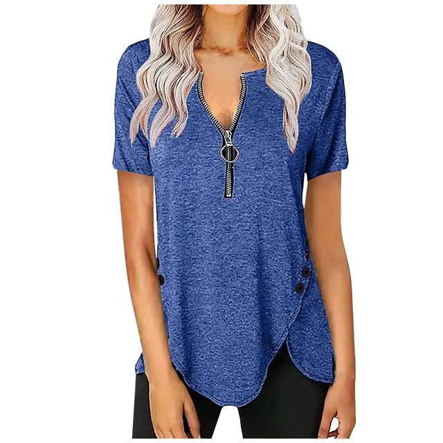 Women's Casual Short Sleeve Top V Neck Zip Button T Shirt Blue - Shop at LoveMi