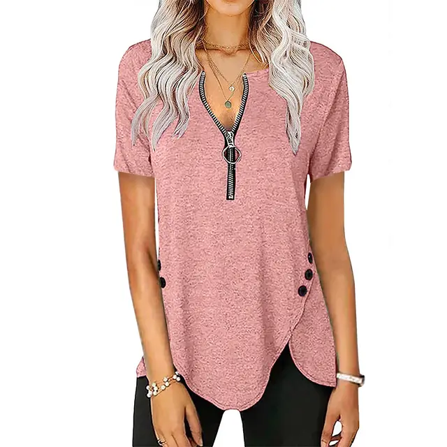 Women's Casual Short Sleeve Top V Neck Zip Button T Shirt Pink - Shop at LoveMi