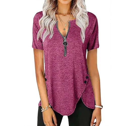 Women's Casual Short Sleeve Top V Neck Zip Button T Shirt Purple - Shop at LoveMi