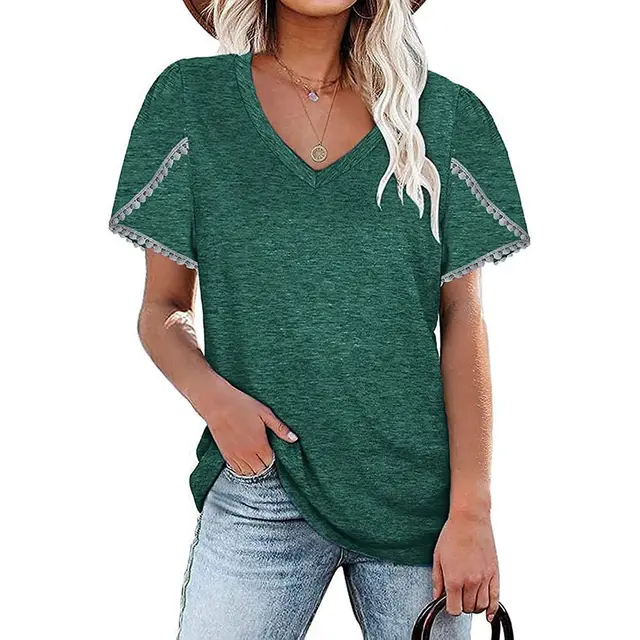 V neck Lace Short sleeved Shirt Loose Color Cotton Petal sleeved T shirt Green - Shop at LoveMi