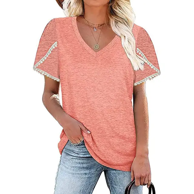 V neck Lace Short sleeved Shirt Loose Color Cotton Petal sleeved T shirt Pink - Shop at LoveMi