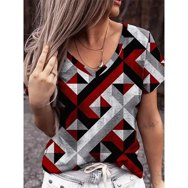 Fashion V Neck Geometric Print Plus Size Short Sleeve T Shirt Red - Shop at LoveMi