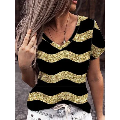Fashion V Neck Geometric Print Plus Size Short Sleeve T Shirt Yellow - Shop at LoveMi