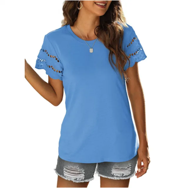 Women's Patchwork Lace Crew Neck Fashion T Shirt Blue - Shop at LoveMi