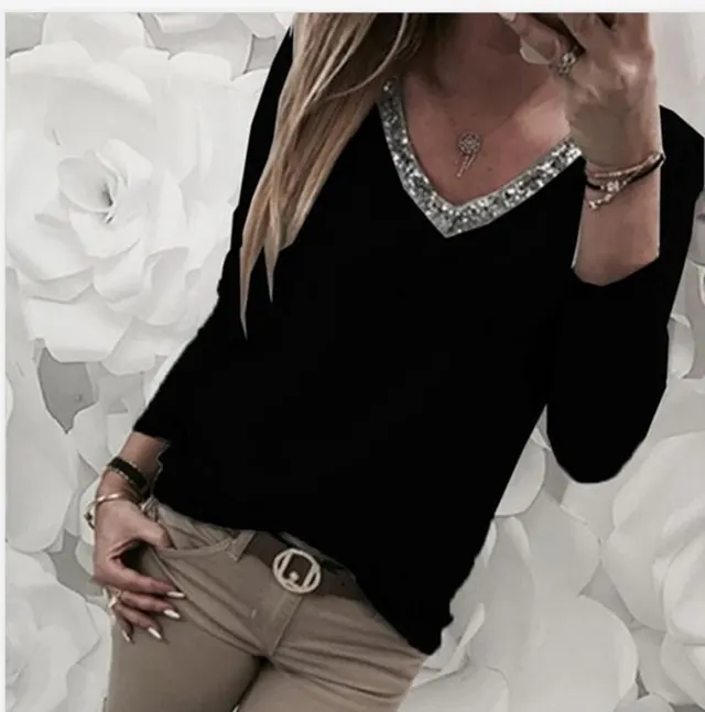 Women's Stitching V Neck Sequin Long Sleeve T shirt Plus Size Top Black - Shop at LoveMi