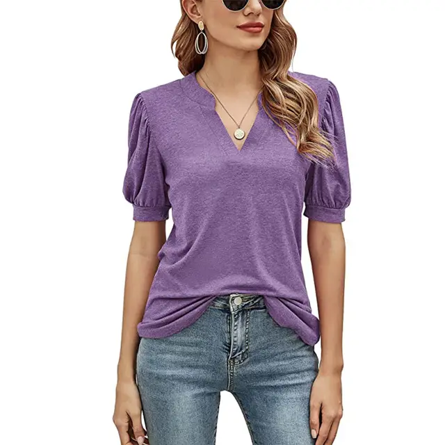 Women's New Casual V neck Puff Sleeve Loose T shirt Women Purple - Shop at LoveMi