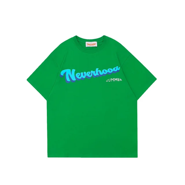 Literary Letters NEVERHOOD Printed European And American Loose Short sleeved Green - Shop at LoveMi