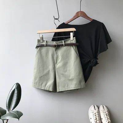 Korean Style Elastic Waist Loose Wide Leg Casual Shorts Green - Shop at LoveMi