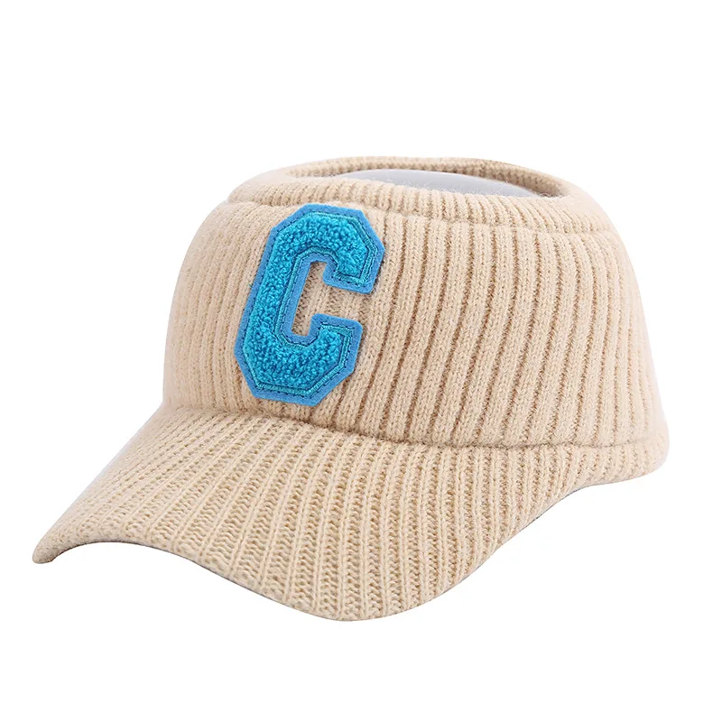 Female C Letter Fleece Warm Empty Top Knitted Baseball Hat Beige - Shop at LoveMi